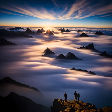 two people stood on top of a mountain above the clouds, marc adamus, rise above clouds, max rive, heaven in the top, epic sunris...