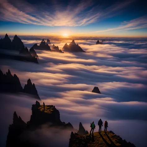 two people stood on top of a mountain above the clouds, marc adamus, rise above clouds, max rive, heaven in the top, epic sunris...