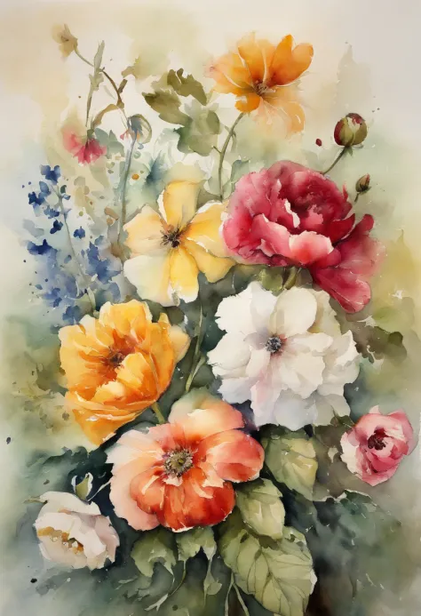 a painting of a bunch of flowers with watercolor paint, detailed watercolour, botanic watercolors, watercolor detailed art, canv...