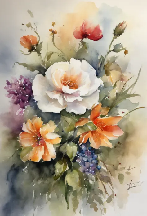 a painting of a bunch of flowers with watercolor paint, detailed watercolour, botanic watercolors, watercolor detailed art, canv...