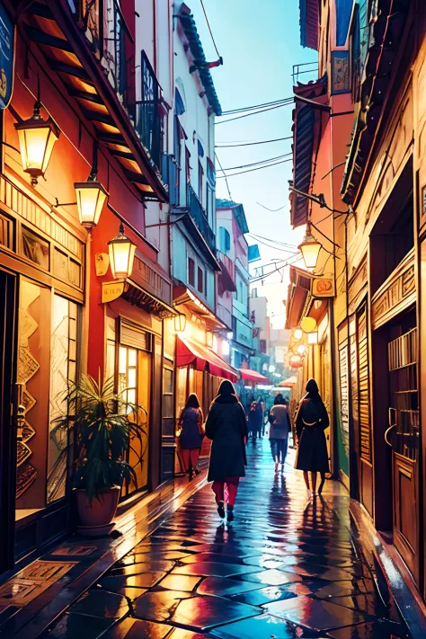 best quality, vibrant colors, detailed architecture, bustling streets, exotic atmosphere, retro aesthetics, vintage vibes, tradi...