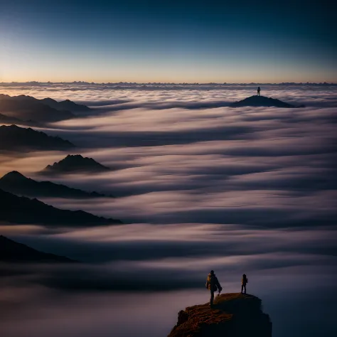 alafis standing on a hilltop above the clouds, walking above the clouds and fog, rise above clouds, above the clouds, an amazing...