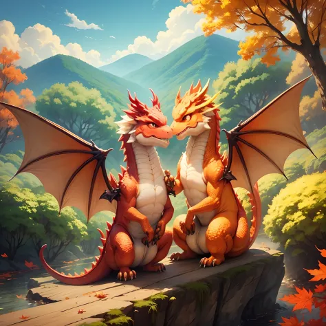 cute fire-breathing dragon、gentle face、autumnal、illustratio、sunny sky、bright landscape、cute little、gentle touch