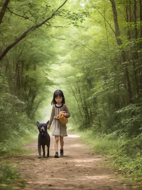 a young girl, akari, is playing in the forest. she sees a small, skinny dog. the dog is lost and hungry. akari feels sorry for t...