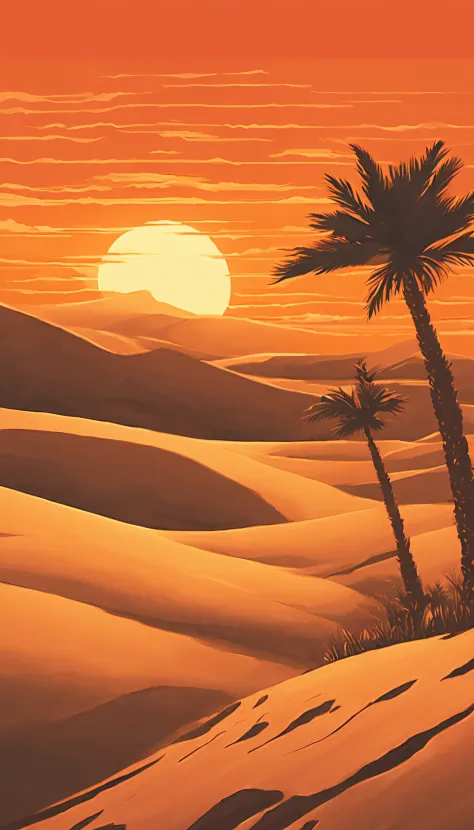 in an arid desert, the scorching sun paints the sky orange as undulating sand dunes stretch into infinity. a single lone palm tr...