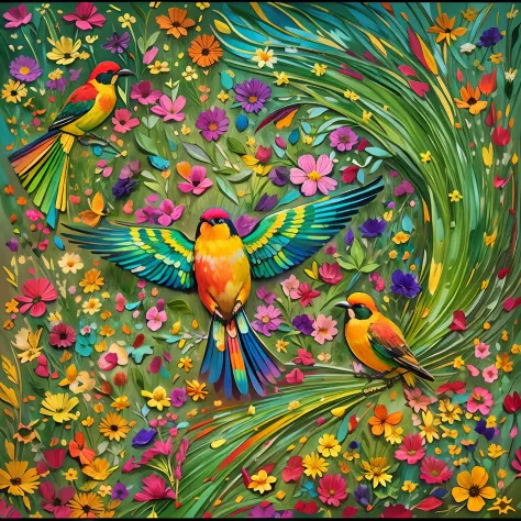 'brightly colored birds fly over a colorful and saturated flower garden ,  maravillosa obra maestra vitral,  hermosa paleta de c...