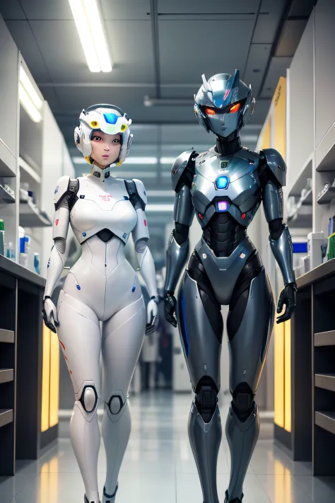 mother and daughter turned into robots　although he has a human appearance、skin is shiny。standing side by side in a laboratory-li...