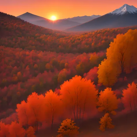 beautiful sunrise, orange red skies, mountains, trees, fall foliage