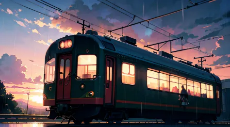 anime train scene, passing under a pink-purple sky, anime drawing by makoto shinkai, trend in pixiv, magical realism, beautiful ...