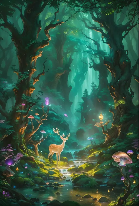 （enchanted forest 7，magical creatures，（glowing mushrooms），sparkling waterfalls，fantasy，leonora carrington，a fantasy forest，hazy ...