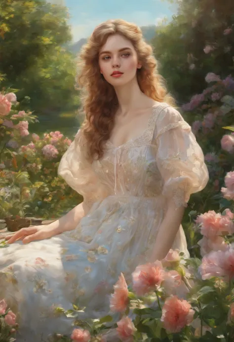 a girl in a garden,medium:oil painting,detailed flowers and plants,soft sunlight filtering through the trees,vibrant colors,beau...