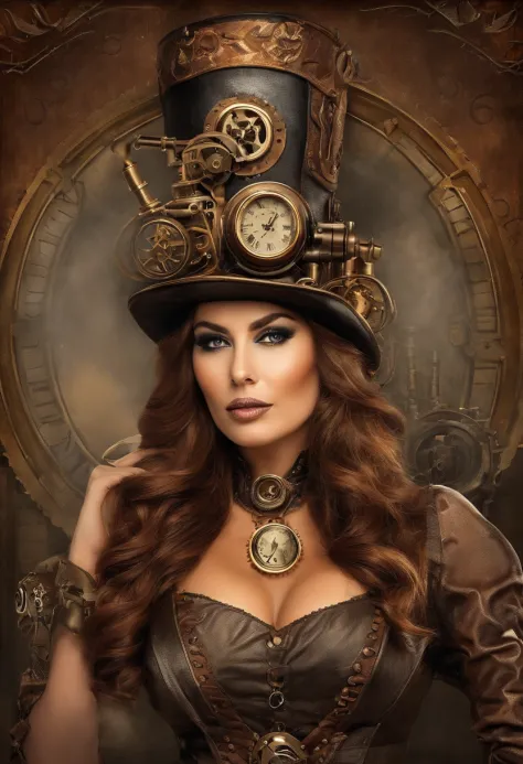 there's a woman wearing a steam punk hat and holding a gun., menina steampunk, usando trajes steampunk, menina inventora steampu...