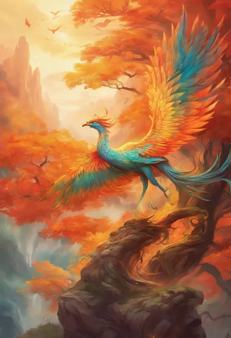 mythological creatures，（（chinese mythology fire phoenix）），traditional chinese elements，ancient murals，illustrative myths，fuyao l...