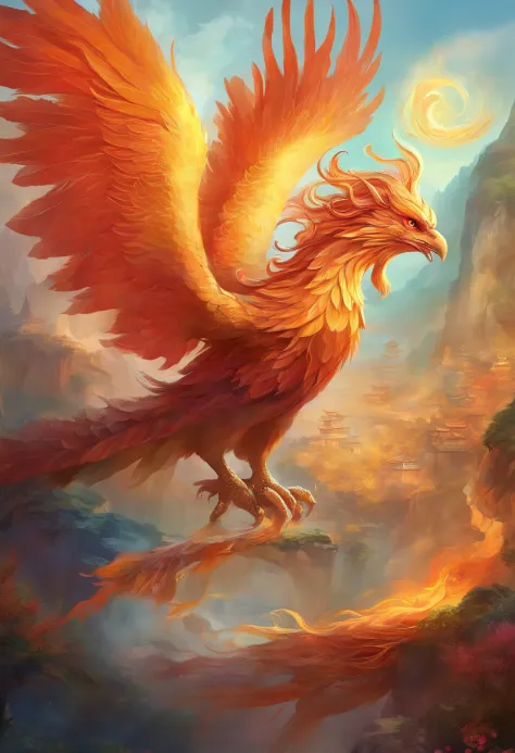 mythological creatures，（（chinese mythology fire phoenix）），traditional chinese elements，ancient murals，illustrative myths，fuyao l...