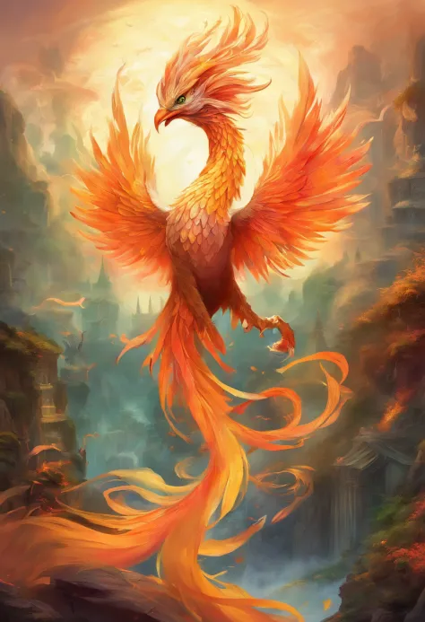 mythological creatures，（（chinese mythology fire phoenix）），traditional chinese elements，ancient murals，illustrative myths，fuyao l...