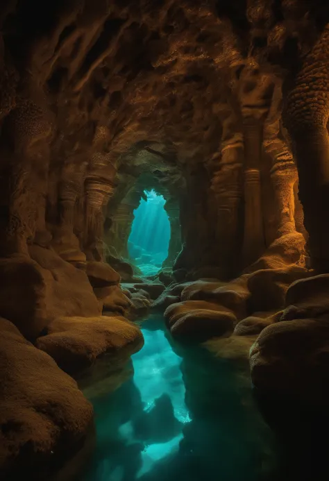 a labyrinth of translucent, bioluminescent crystals stretches across an underwater realm. the crystals emit a soft, iridescent l...