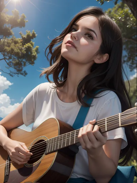 adult, 30 years old, (((selena gomez:emma watson:0.8))), cabelos cuto de cor castanho, pele clara, playing the guitar, looking u...