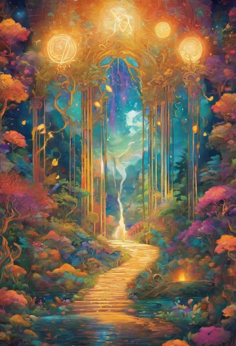 a candle that casts a mysterious luminous spell， dream rainbow forest, vibrant colors, ethereal lighting, detailed foliage, magi...