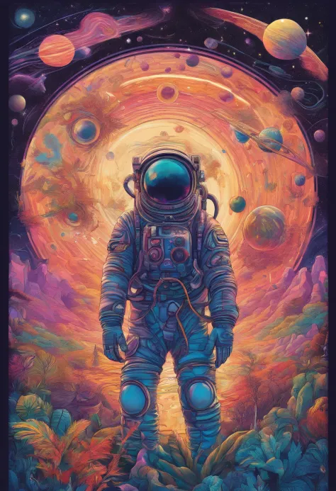 hd details, close-up of a man in a spacesuit, planets in the background, psychedelic cosmic horror, psychedelic illustrations, c...