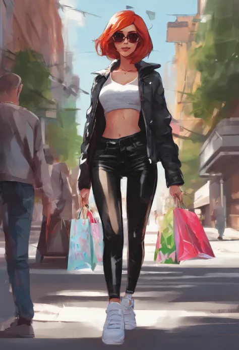 masterpiece, ultra realistic+++, ultra detailed, 1girl, red hair, blue eye, green eye, white sneakers, leather leggings, crop to...