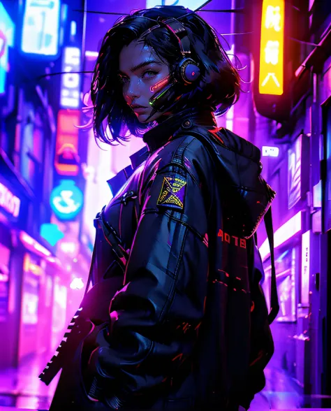 (masterpiece, full-body shot, intrincate raw photography)cyberpunk citizen in oversize techwear, using a black astro daftpunk st...