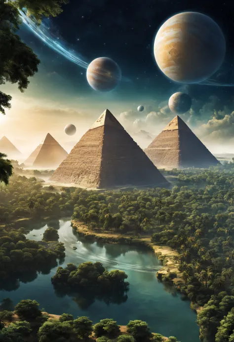 another planet with forests and rivers, where there are pyramids and pharaohs alien people, spaceships in the form of egyptian p...