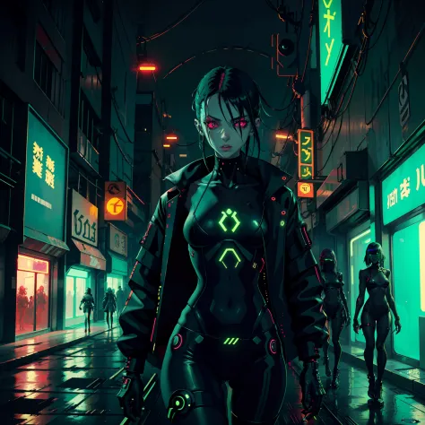 uma sexy busty gangue de meninas andando em um tunel, only green neon lights, imagem estilo cyberpunk, roupas cyberpunk, neonoir...