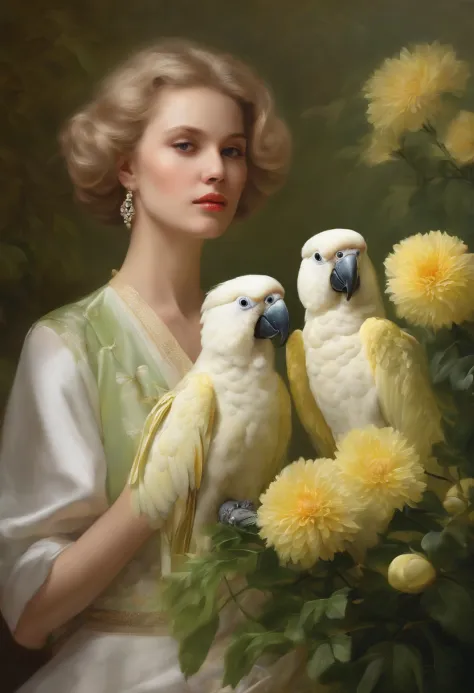 fashion magazine，ultrarealism oil painting，（pure white parrot），short-haired grandmother and young girl，light green and pinkish y...