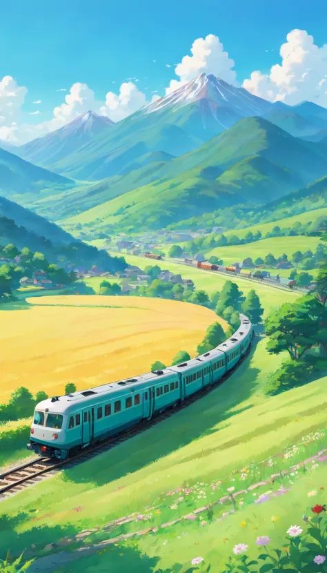 a train passing through a field and mountains in background, sunny day, anime style, digital art, aesthetic, relaxing