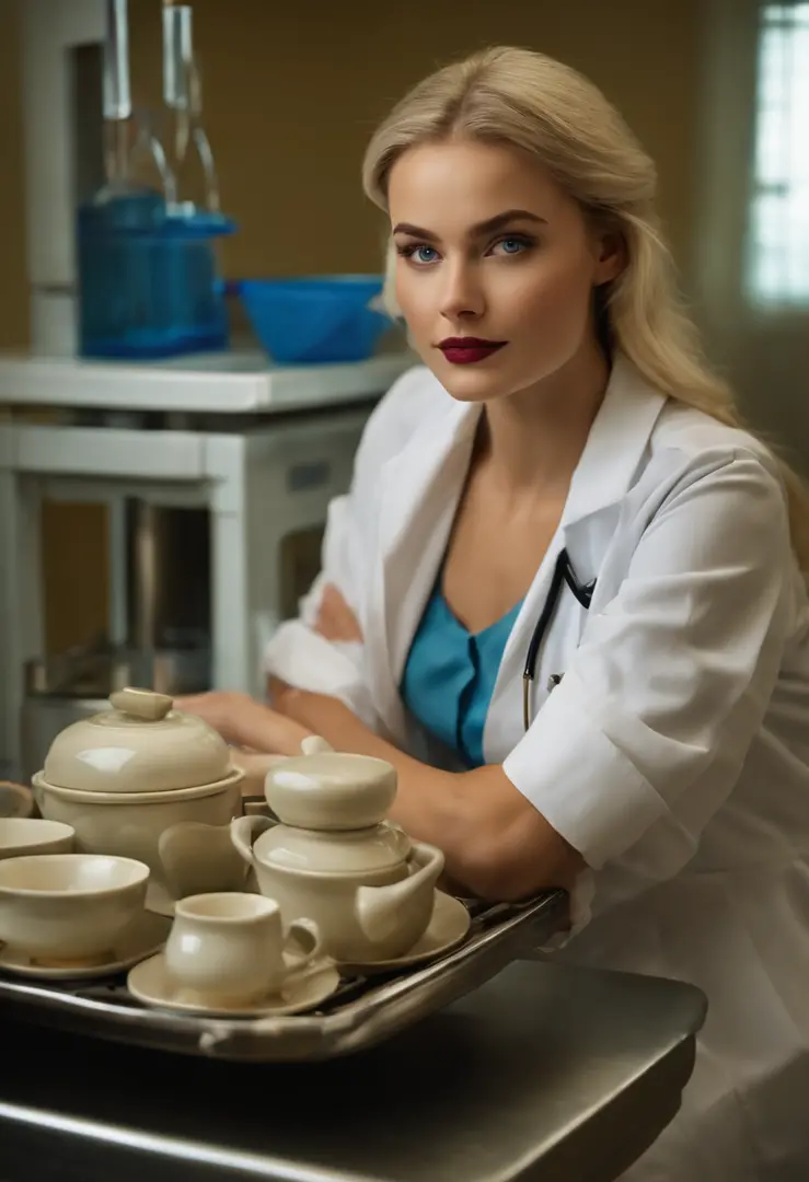 20-year-old blonde american woman with blue eyes dressed as a doctor with her skirt pulled up showing the crockery sitting on th...