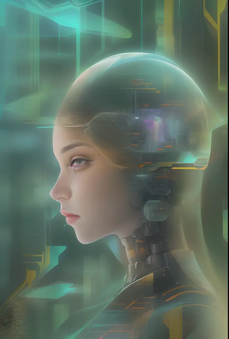 mecha-girl，futuristic virtual holographic digital image background，（doubleexposure：1.8），complex illustrations in surrealist art ...