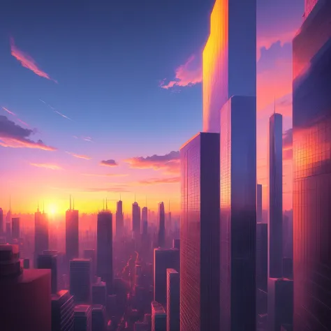 cyber sunset, vibrant, city,  90's anime, wallpaper,