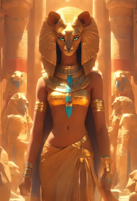 (((sekhmet))) best quality, ultra-high resolution, 4k detailed cg, ​master piece, woman, lioness goddess, pharaoh's crown, decor...