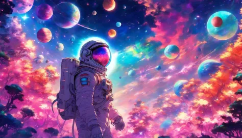 hd details, close-up of a man in a spacesuit, planets in the background, psychedelic cosmic horror, psychedelic illustrations, c...