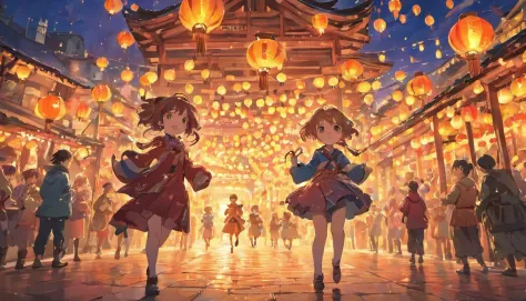 children play in the vibrant village, colorful lanterns sway in the breeze, joyful celebration, national charm, (best quality, a...