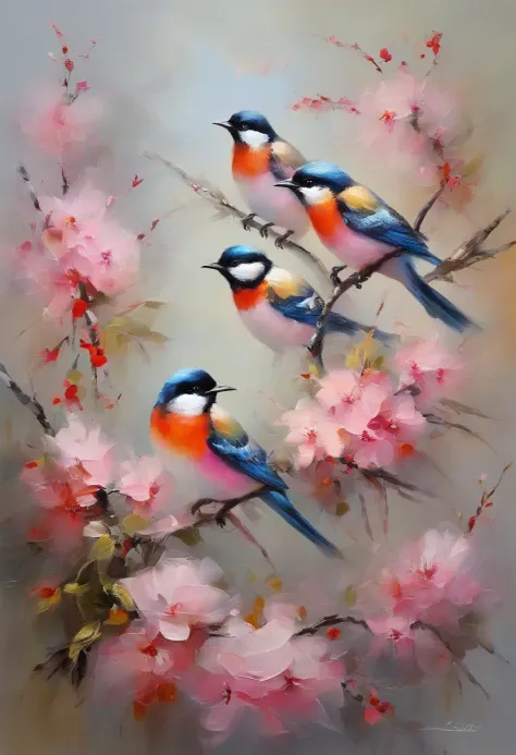 birds stay in pink flowers，take pollen, peach blossom