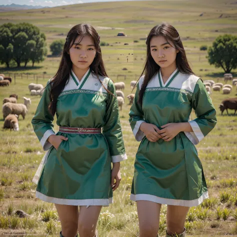 2 mongolian girls with realistic faces, 18 years old, wearing traditional clothes in a green wide grassland with flocks of sheep...