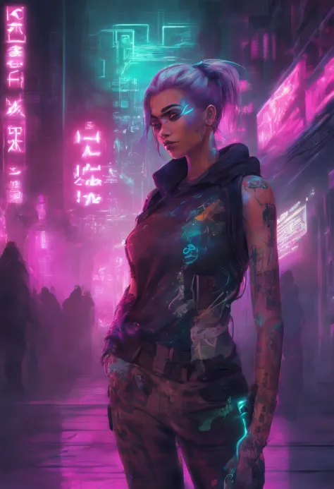 cyberpunk girl, stadtbild, neonlichter, arm-tattoos