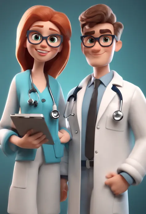 cartoon character couple of teenage doctors wearing lab coat and stethoscope in a college , um personagem animado, caractere est...