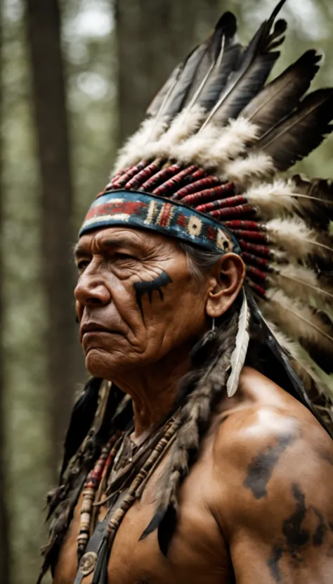 masterpiece, best quality, thousands of american indian tribes gathered in the forest, serious face, realistic, looks real, cine...