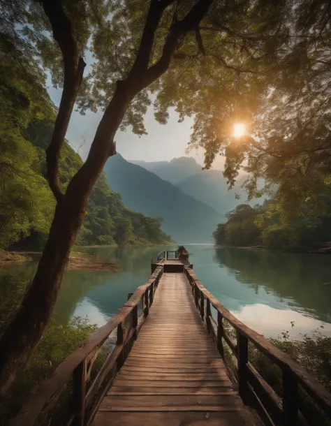 it shows a beautiful western lake and green fields...on one side of the lake there is a towering peak..，a little boy sitting in ...