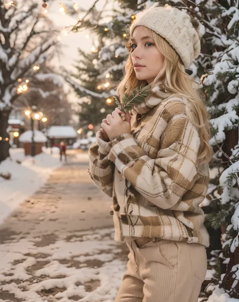 it's winter outside, new year, handsome girl, holding christmas tree branches in your hands, blonde woman with blonde hair and j...