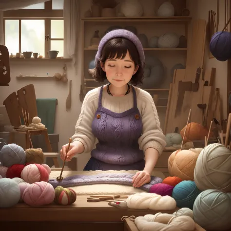 artisan woman creating knitting pieces in her pixar style atelier