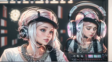 (ultra - detailed, 16k resolution, cinema lenses，rendering by octane),a young chick woman，has straight white and pink hair, wear...