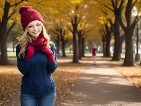 a photo of a woman, blonde, dark blue eyes, wearing a sweater, a red toque and red gloves in a park smiling at the viewer