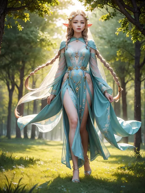 graceful elven girl standing in meadow, delicate face illuminated by the soft light of the setting sun. her long, flowing hair r...