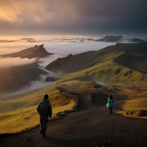 people walk on the hills，cloudy sky in the background, max rive, iceland, by raymond han, walking above the clouds and fog, icel...