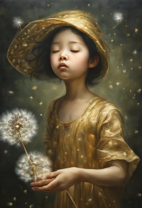 a painting of a woman blowing a dandelion, close up of a young  girl, kopera, inspired by nicoletta ceccoli, will murai, floatin...