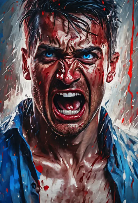 best quality,realistic portrait,red-skinned man with blue teary eyes,open mouth screaming,sharp focus,intense emotions,detailed ...