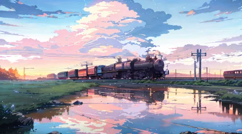 anime train on tracks through body of water, image by makoto shinkai, pixiv, concept art, lofi art style, reflection. enhanced d...